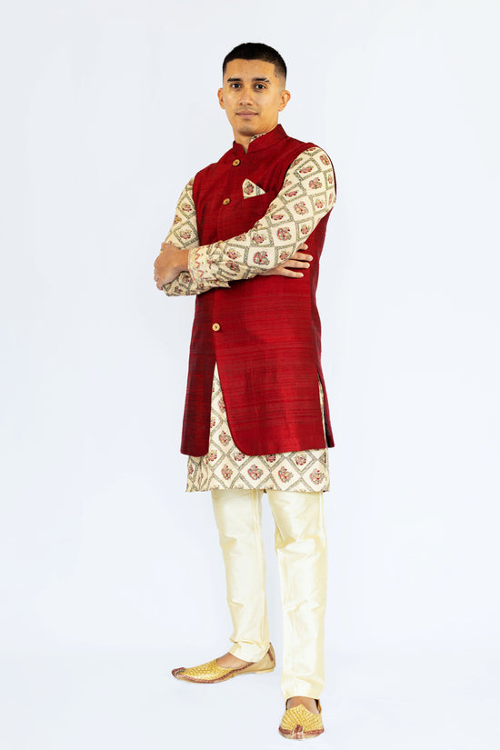 Red Silk Madhubani Long Vest Set